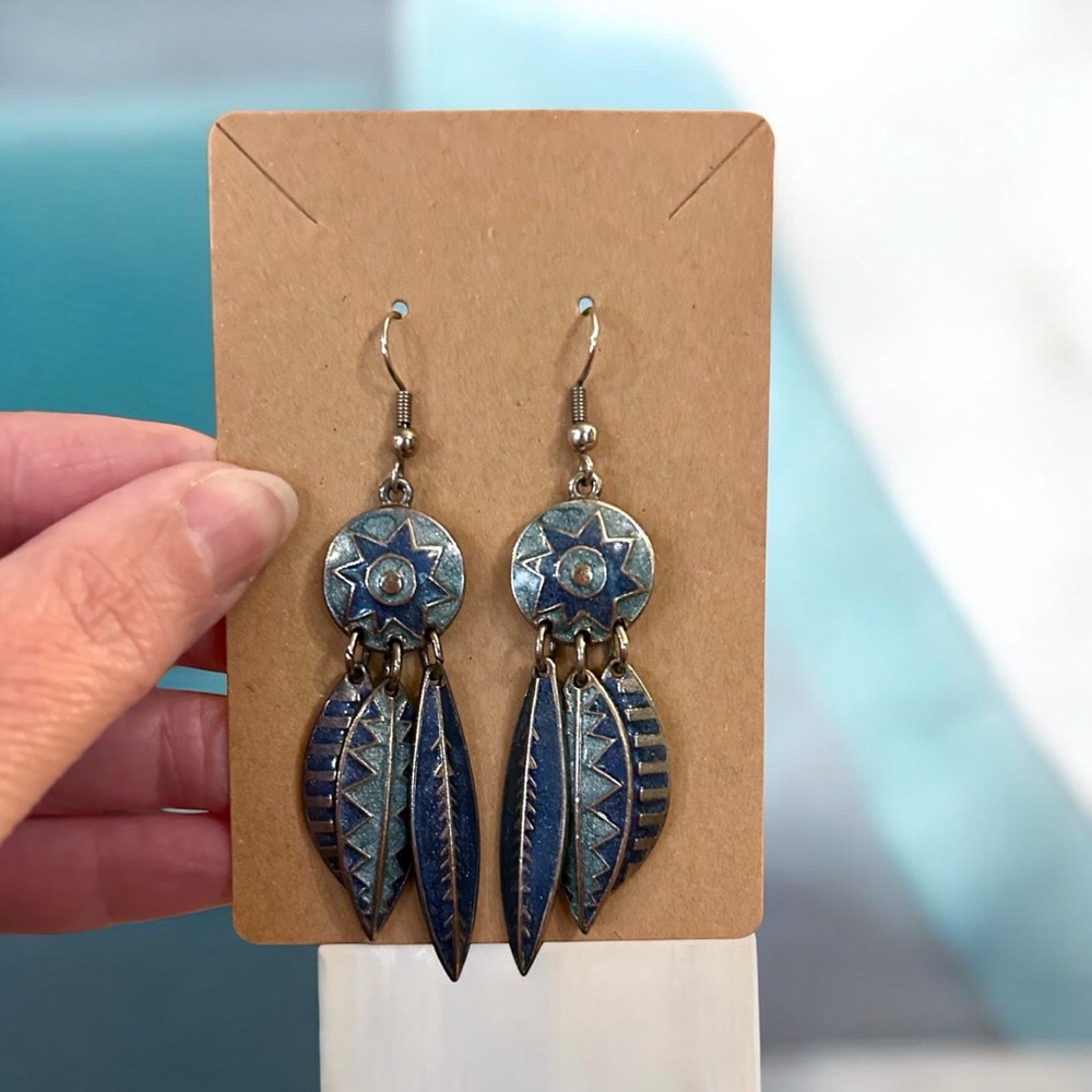 Edgar Berebi Vintage Southwestern Blue Enamel Feather Earrings